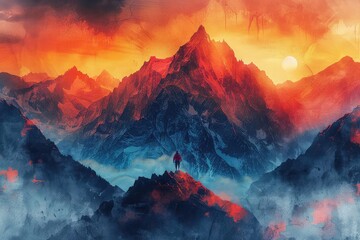 Surreal illustration of mountain climbing, abstract shapes forming peaks, dreamlike colors