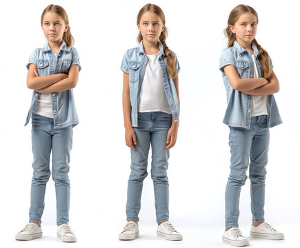 Set of young girl with natural facial beauty, aged 10, three side views, cut out
