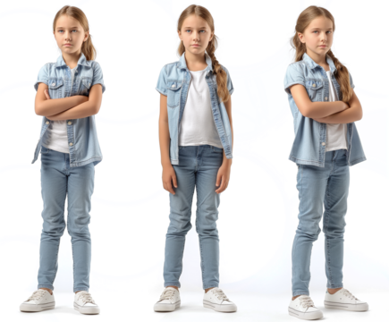 Set of young girl with natural facial beauty, aged 10, three side views, cut out