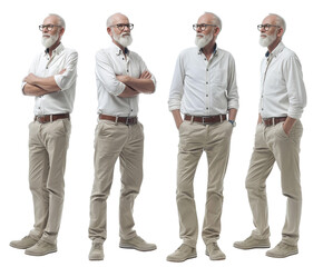 Set of elderly man with natural facial beauty, aged 60, three side views on a transparent background, cut out