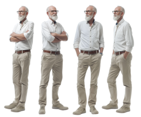 Set of elderly man with natural facial beauty, aged 60, three side views on a transparent background, cut out
