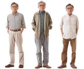 Set of elderly man with natural facial beauty, aged 60, three side views on a transparent background, cut out