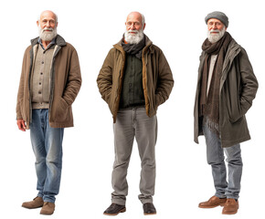 Set of elderly man with natural facial beauty, aged 60, three side views on a transparent background, cut out