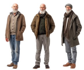 Set of elderly man with natural facial beauty, aged 60, three side views on a transparent background, cut out