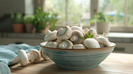 champignon mushrooms in a wooden bowl