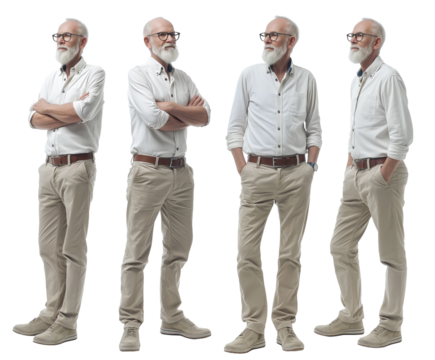Set of elderly man with natural facial beauty, aged 60, three side views on a transparent background, cut out