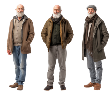 Set of elderly man with natural facial beauty, aged 60, three side views on a transparent background, cut out