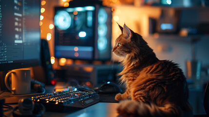 cat with a cup and a laptop in a dark room