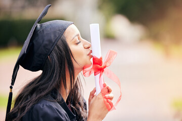Kiss, diploma and student at graduation with certificate from college, education and achievement....
