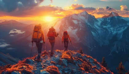 Team of adventurers on a mountain peak planning next move, sunrise, wide scenic angle