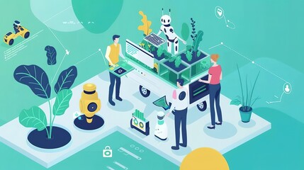 An isometric illustration of a group of people working in a greenhouse