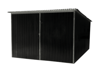 Gazebo and garage construction building, made of galvanized sheet metal painted with black paint - on isolated transparent background.