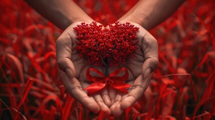 On World AIDS Day a poignant image emerges human hands cradle a vibrant red tree in the shape of a heart adorned with a red ribbon set against a backdrop of lush red nature