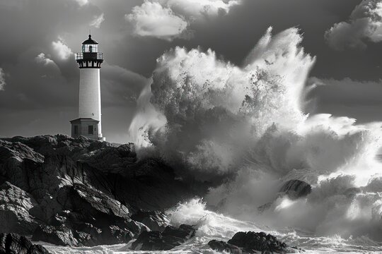 A lighthouse is on a rocky shoreline with a large wave crashing into it