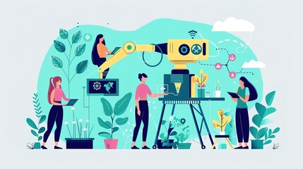 A group of female scientists in a laboratory are working on a new project. They are using a robotic arm to help them with their research.