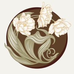 Naklejka premium Terri Tulip flowers, decorative flowers and leaves in art nouveau style, vintage, old, retro style. Clip art, set of elements for design Good for print on T-shirts, bags, tattoo. Vector illustration.