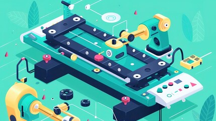 Obraz premium isometric illustration of a factory production line with robotic arms assembling electronic devices.