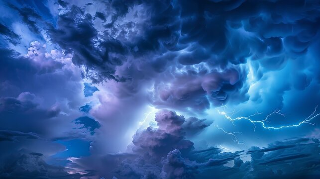 Blue and purple thunder clouds with bright lightning bolts illuminate the stormy sky.