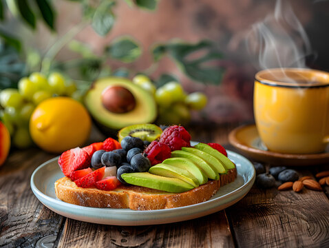 primer plano de desayuno saludable con taza de caf&eacute; y comida saludable