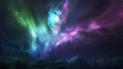 The colorful aurora fills the night sky with vibrant hues of green, blue, purple, and pink.