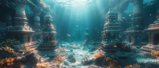 There is an underwater ancient city in the depths of the ocean. In there are sunken ancient cities. There are underwater gorges and tunnels. There are lots of underwater organisms, which include