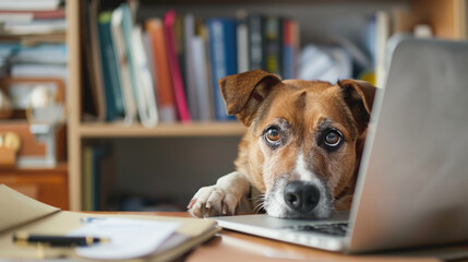 cute dog with laptop and notebook in the room