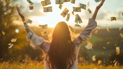Woman Celebrating with Money Falling Around Her at Sunset