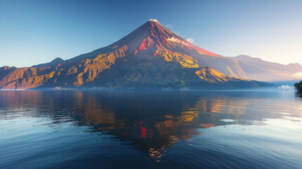 Volcanic mountain in morning light reflected