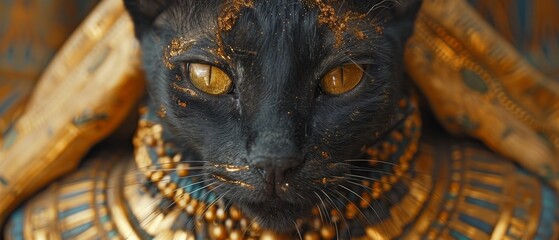 Black cat with golden ornaments. Bastet is an ancient Egyptian goddess. AI