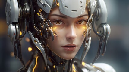 Close up of a female android face with futuristic robotic details and glowing elements. Beautiful female robotic humanoid face wear robotic gear with blurring futuristic background. Technology. AIG35.