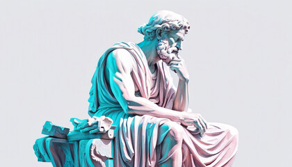 Obraz premium statue of a Greek philosopher in contemplation, isolated white background, neon punk style 