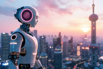Futuristic Cityscape Background with Advanced Robot at Sunset
