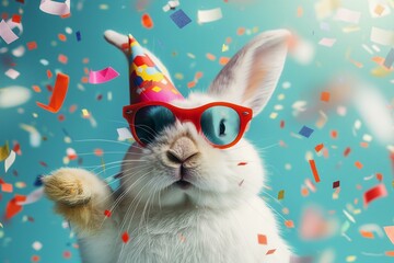 Festive Easter Bunny in Party Hat and Sunglasses with Colorful Confetti