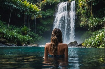 woman in bikini bathing and swimming in the water at a beautiful waterfall in Bali