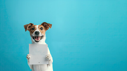 Funny and happy dog with a discount sign. On a blue pastel background. Horizontal banner.