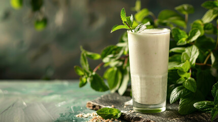 glass of mint drink on wooden background