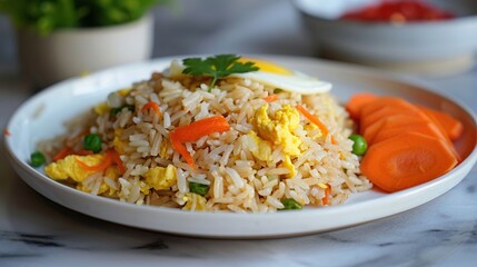 Thai Fried rice with egg and sliced carrot in white plate. AI Generative