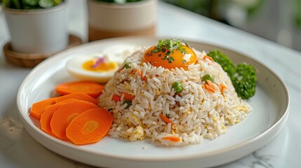 Thai Fried rice with egg and sliced carrot in white plate. AI Generative