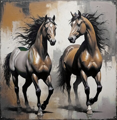 Modern painting, abstract, metal elements, texture background, animals, horses,
