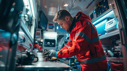 Emergency medical technicians preparing equipment in an ambulance
