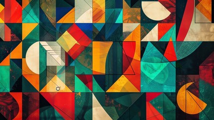 Abstract geometric background with vibrant colors and a retro, vintage feel. Earthy tones, blues, greens and yellows.