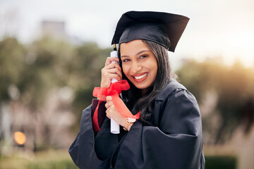 Graduation, portrait and happy woman with certificate outdoor for university achievement, success...