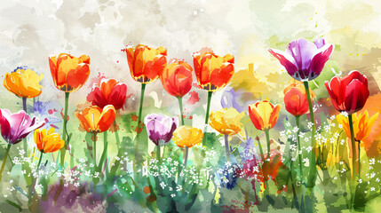Watercolour painting of the beautiful spring flowed