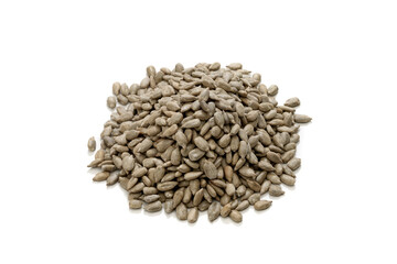 Heap of fresh sunflower seeds isolated on white background   