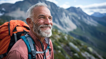 Shot of a senior male hiker smiling as he enjoys the scenic view from a mountain summit