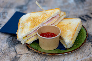 Toasted ham and cheese sandwich in the plate served with tomato ketchup sauce on the side, The...
