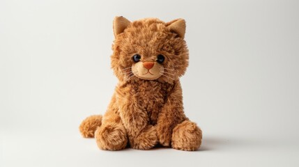 A brown furry cat plush toy sits alone against a crisp white background its fluffy appearance making it perfect for cuddling