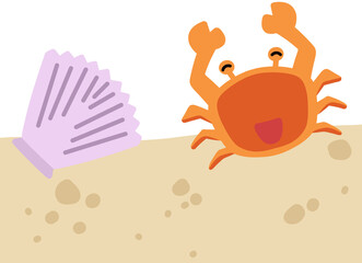 모래사장 위 꽃게와 조개껍질