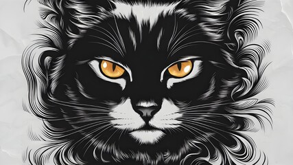 Intense Cat's Eyes: Black and White Linocut Artwork
