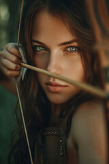 Sagittarius Zodiac Sign: Young, Long-Haired Woman with a Predatory Look and Slightly Squinted Eyes, Aiming with an Arrow on a Stretched Bowstring